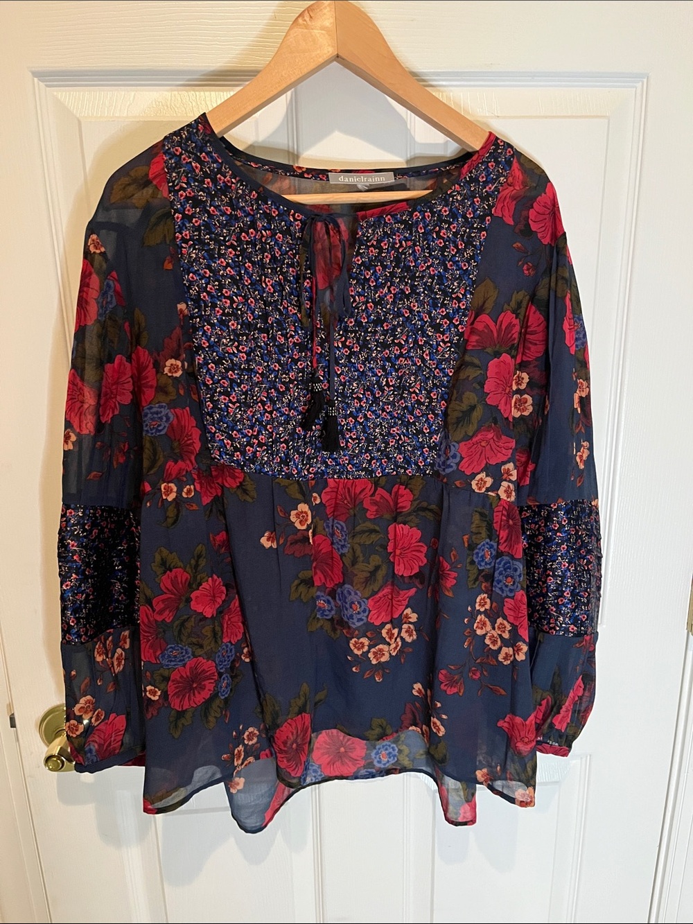 Daniel Rainn Navy Floral Smocked Peasant Blouse with Red & Blue Flowers